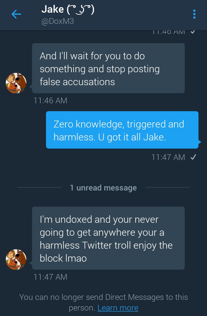 SimSwapped's tweet photo. @DoxM3 How to be Jake Waswick, deny dox even Tho he Confirms info himself, get triggered and then block using his https://t.co/qlFPfm6Qvx