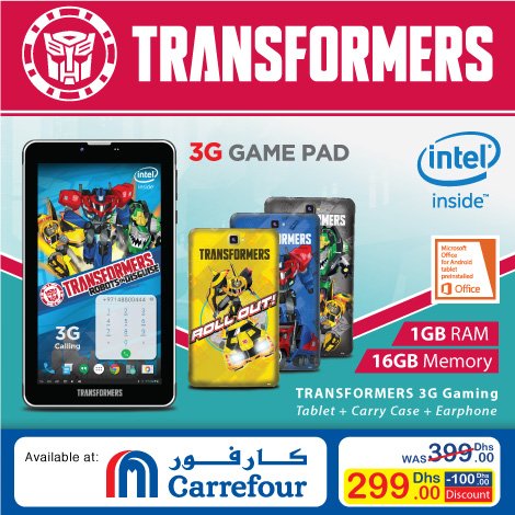 TRANSFORMERS 3G Intel Quad Core Gaming Tablet + Carry Case + Earphone. Available @ All Carrefour Stores in UAE.