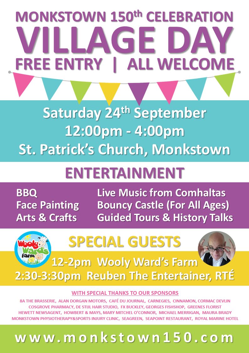 Next weekend huge for Monkstown Parish - 150 yrs old!! Fun starts with Village Festival - Sat, 12pm - ALL welcome!!