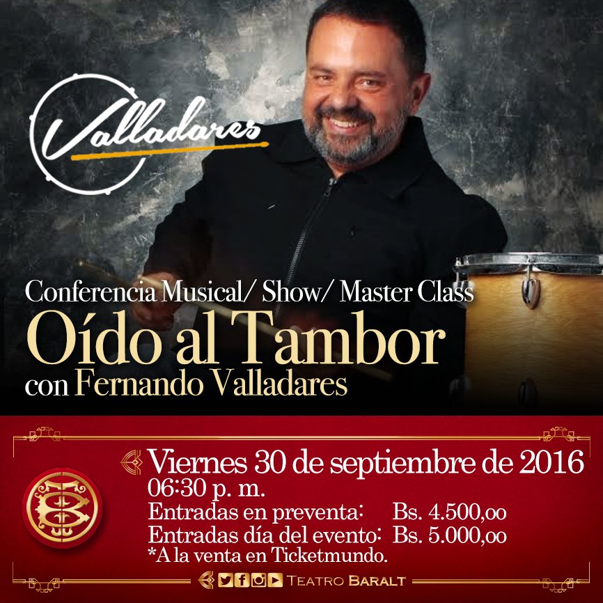 Este 30/09 <a href="/ValladaresDrums/">Fernando Valladares</a> nos trae la Conferencia Musical / Show / Master Class
'OÍDO AL TAMBOR'.