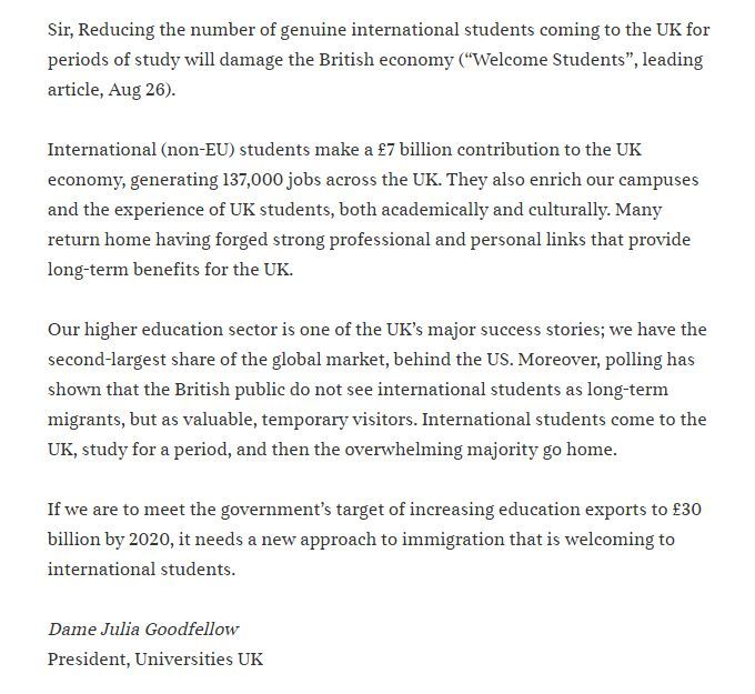 UniversitiesUK's tweet photo. International students boost the UK academically, culturally and financially. Recent Times letter from UUK President https://t.co/SwZww9Ath3