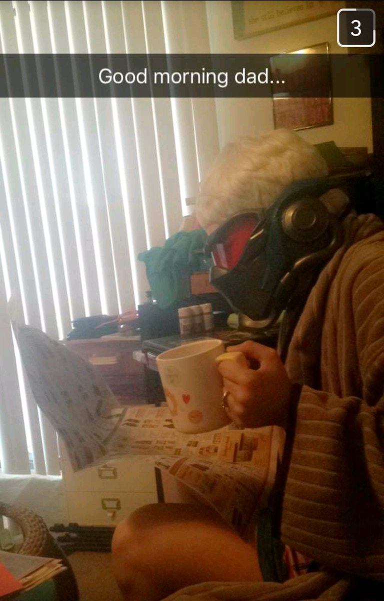 spellementary's tweet photo. I have fun in the morning. Cosplaying Overwatch, and the dad-est Soldier 76, is just one example https://t.co/ViC71Pdd3y