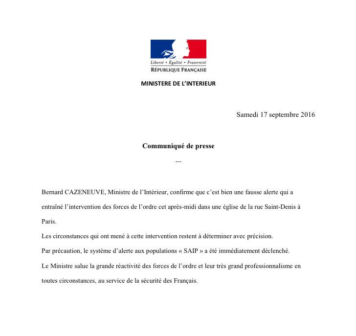 BCazeneuve's tweet image. [Communiqué] Fausse alerte à Paris.