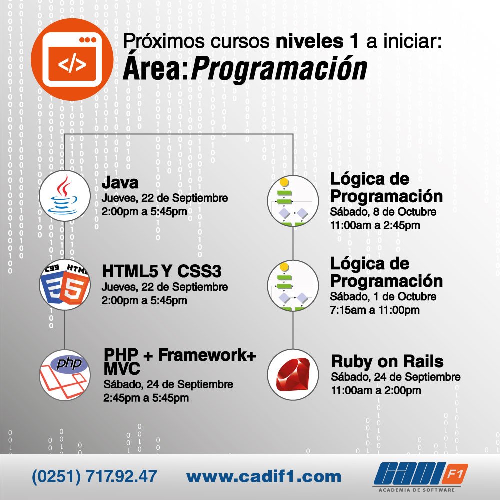CADIF1's tweet photo. En CADIF1 ¡Te preparamos para trabajar! Conoce nuestros próximos cursos en el área de #Programación y capacítate!!! https://t.co/bfNoqVJ7zP