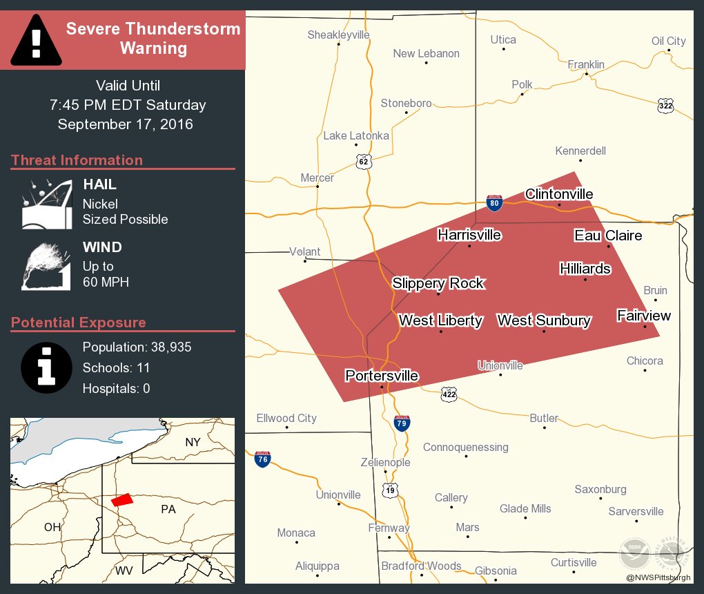NWSPittsburgh's tweet image. ⚠️ Take Cover! Severe Thunderstorm Warning including Slippery Rock PA and Harrisville PA until 7:45 PM EDT