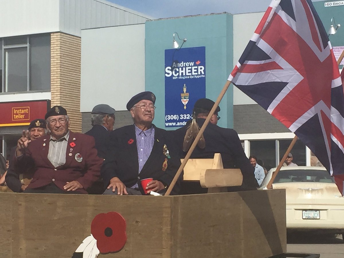 sandypinay's tweet photo. First Nations Veterans' float. Thank you for your service. #Treaty4 #Treaty4Gathering #FirstNationsveterans https://t.co/EEN1q9JScq