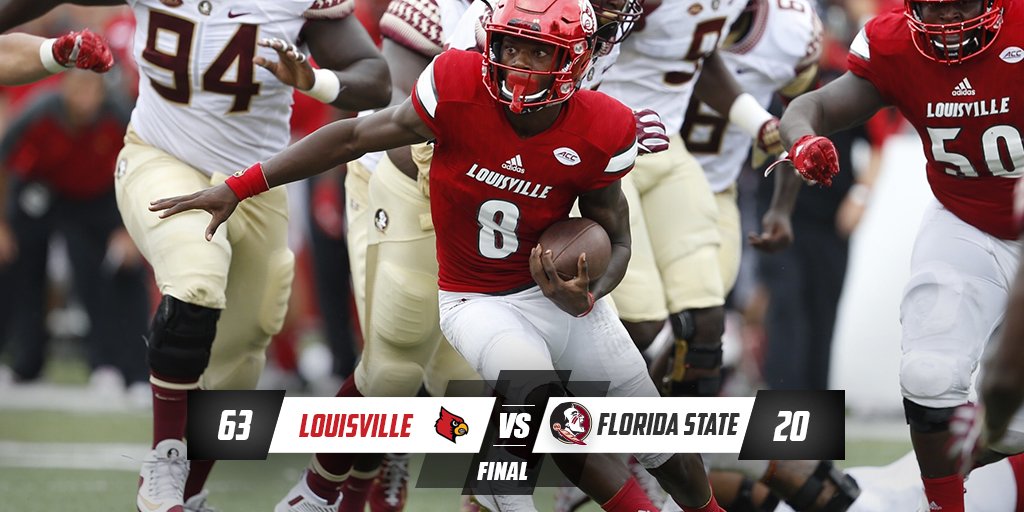 LouisvilleFB's tweet photo. FINAL. No. 10 @UofLFootball knocks off No. 2 Florida State 63-20. Jackson responsible for 5 TDs (4 rush, 1 pass). https://t.co/Fy9LRTszrD