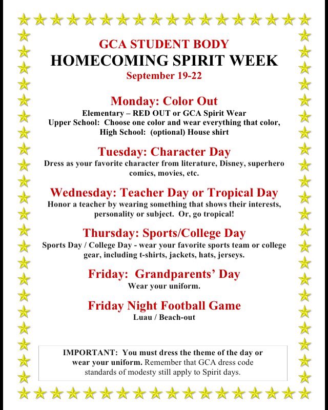 GCAHigh's tweet photo. Homecoming Week Spirit Days! https://t.co/KOvxLz55RL