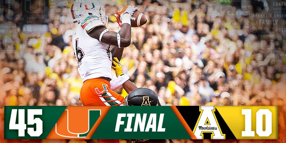 ACCFootball's tweet photo. .@CanesFootball rolls past Appalachian State 45-10: https://t.co/l9nn3ppcHq #MIAvsAPP https://t.co/VEcdhJgwww