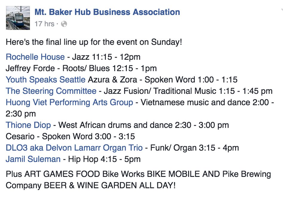 mtbakerhub's tweet photo. Final lineup for tmrws #MBHUBFEST! #South #Seattle #music #art #food #beergarden #wine https://t.co/0eJQSIiwrZ PlzRT https://t.co/lmCYfks7ye