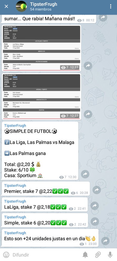 TipsterFrugh's tweet photo. Este es el día de hoy en mi telegram, 24 unidades con 3 apuestas. https://t.co/6kEEUcaOyV