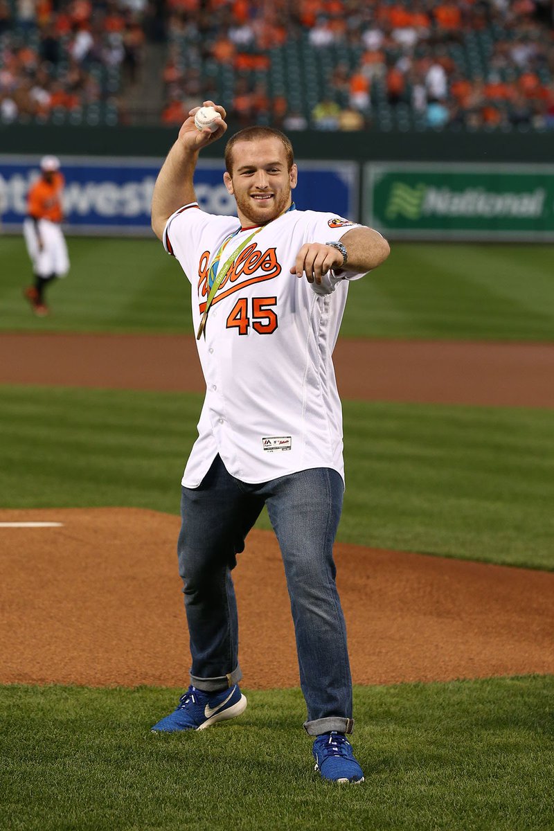 Orioles's tweet photo. #TeamUSA Olympic gold medalist &amp; Maryland native @Snyder_man45 threw out tonight's ceremonial first pitch. #Birdland https://t.co/hsRYDgzvQe