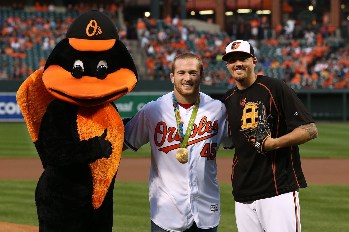 Orioles's tweet photo. #TeamUSA Olympic gold medalist &amp; Maryland native @Snyder_man45 threw out tonight's ceremonial first pitch. #Birdland https://t.co/hsRYDgzvQe