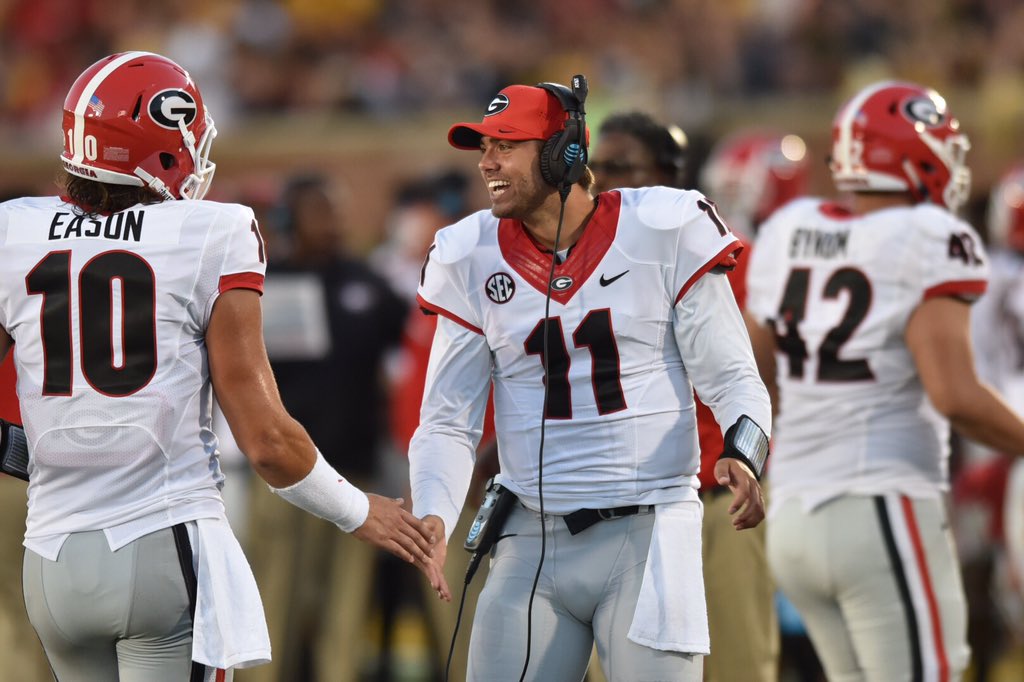 RadiNabulsi's tweet photo. First person to congratulate Jacob Eason as he leaves the field after a successful TD drive? 

Greyson Lambert https://t.co/tacI7zUUEY