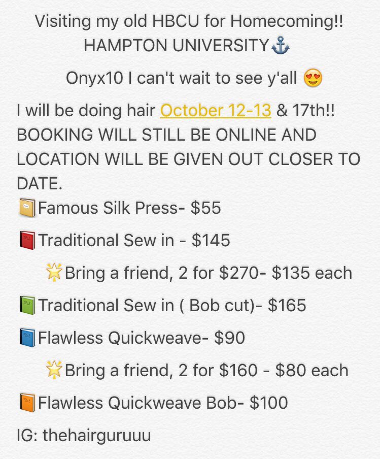 TheHairGuruuu's tweet photo. I will be SLAYING tf out some hair for #HamptonHomecoming #Onyx10 #HamptonU #HamptonUniversity #Onyx11 #QT10 RT RT!! https://t.co/JPJOheFEjJ