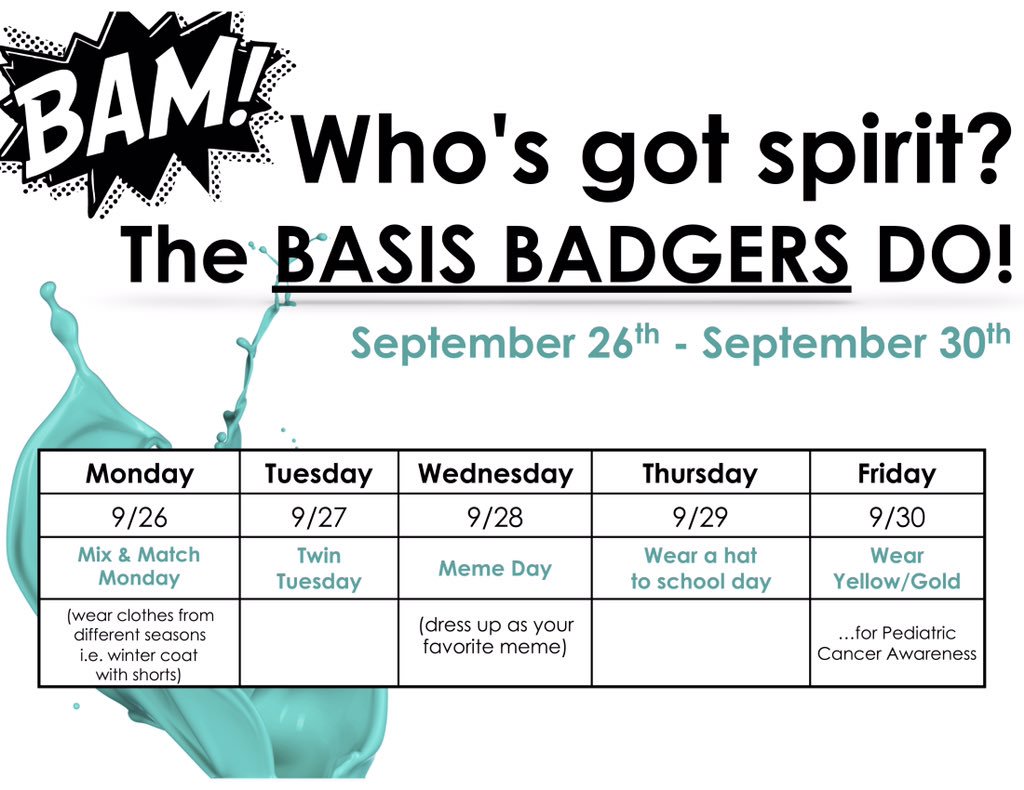 BASISSAMEDICAL's tweet photo. #Spiritweek #BASISBadgers September 26-30! 

#showyourspirit #BASIScommunity https://t.co/TZ8m89nQuk