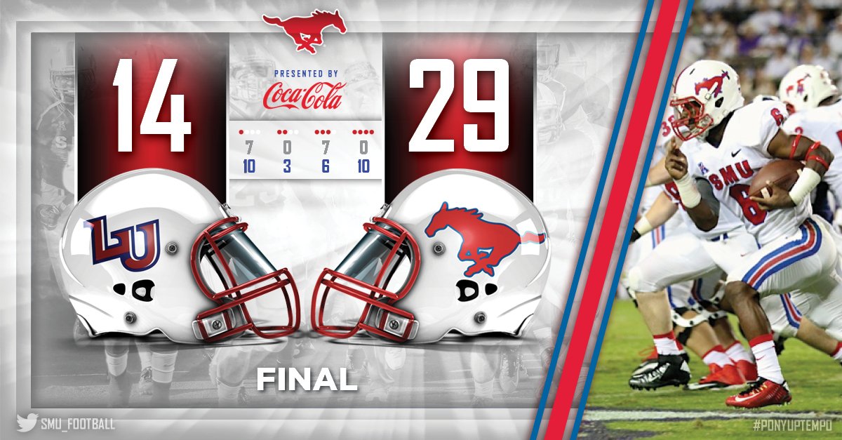 SMUFB's tweet photo. SMU tops Liberty, 29-14, to improve to 2-1! 
#PonyUpTempo https://t.co/cGcrSege7g
