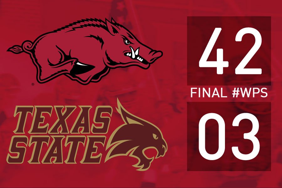 HOGZONE's tweet photo. And the game is over! Go Hogs Go! 42-3 for the Hogs. Texas A&M is next Saturday. #wps #TXSTvsARK #Hogson11 https://t.co/o8zRa8ns6N