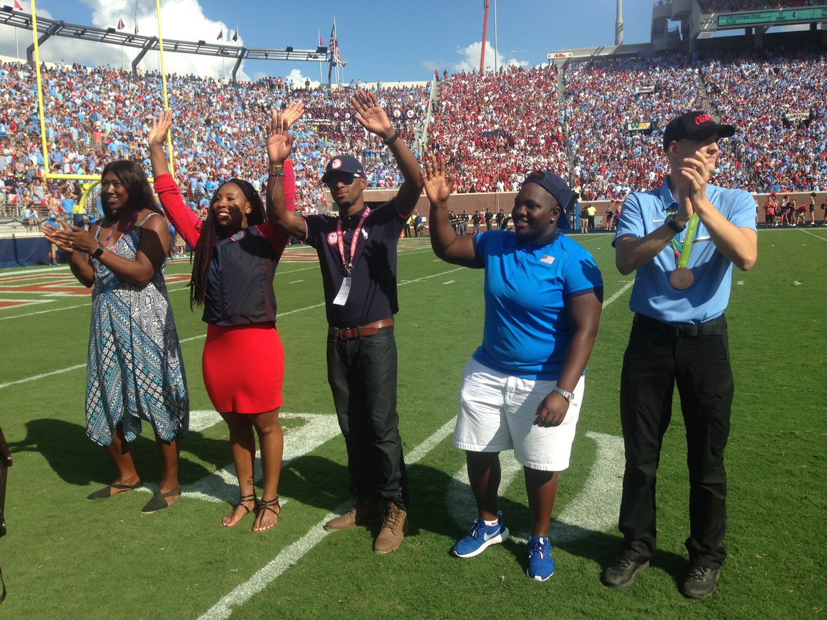 OleMissTrack's tweet photo. Had a great time seeing some of our #RebsInRio Olympians honored during today's football game! #HottyToddy https://t.co/e7nP9Wy2R9