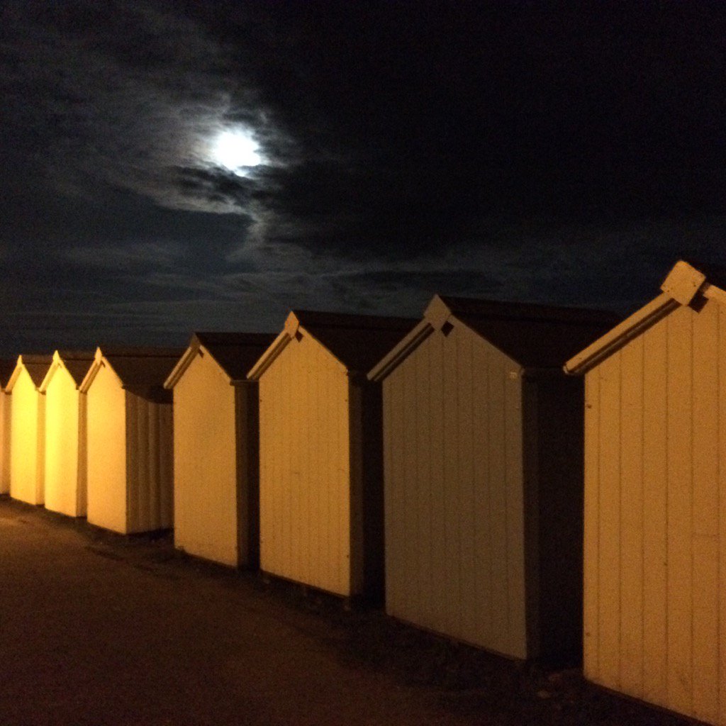 Full moon over the beach huts <a href="/BudleighLitFest/">Budleigh Salterton Literary Festival</a> last night