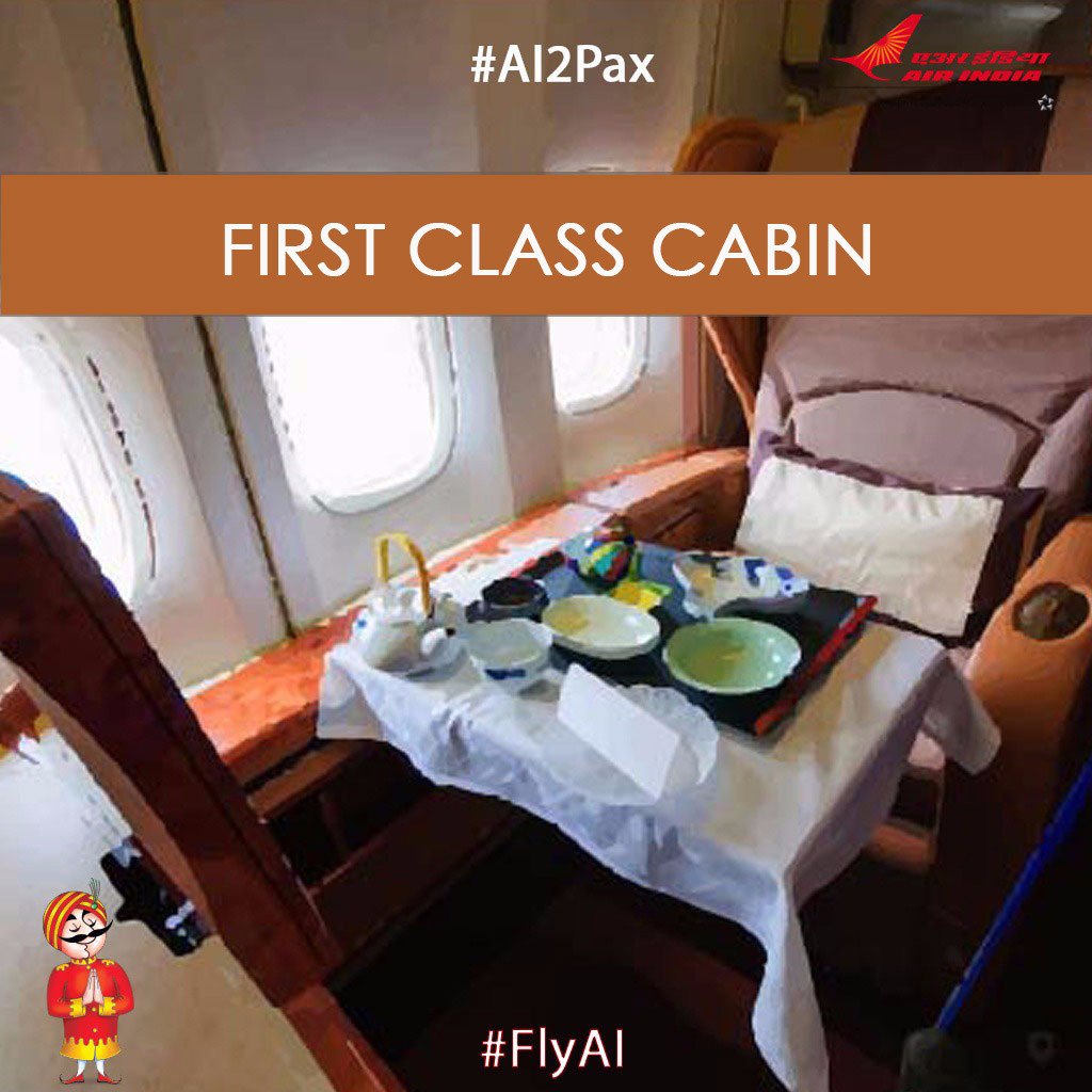 airindia's tweet photo. #AI2Pax: Savour the luxuries we offer in our First Class cabin. https://t.co/QKzAcvnjan. #FlyAI the #Maharajah way https://t.co/ndxDRLNgCD