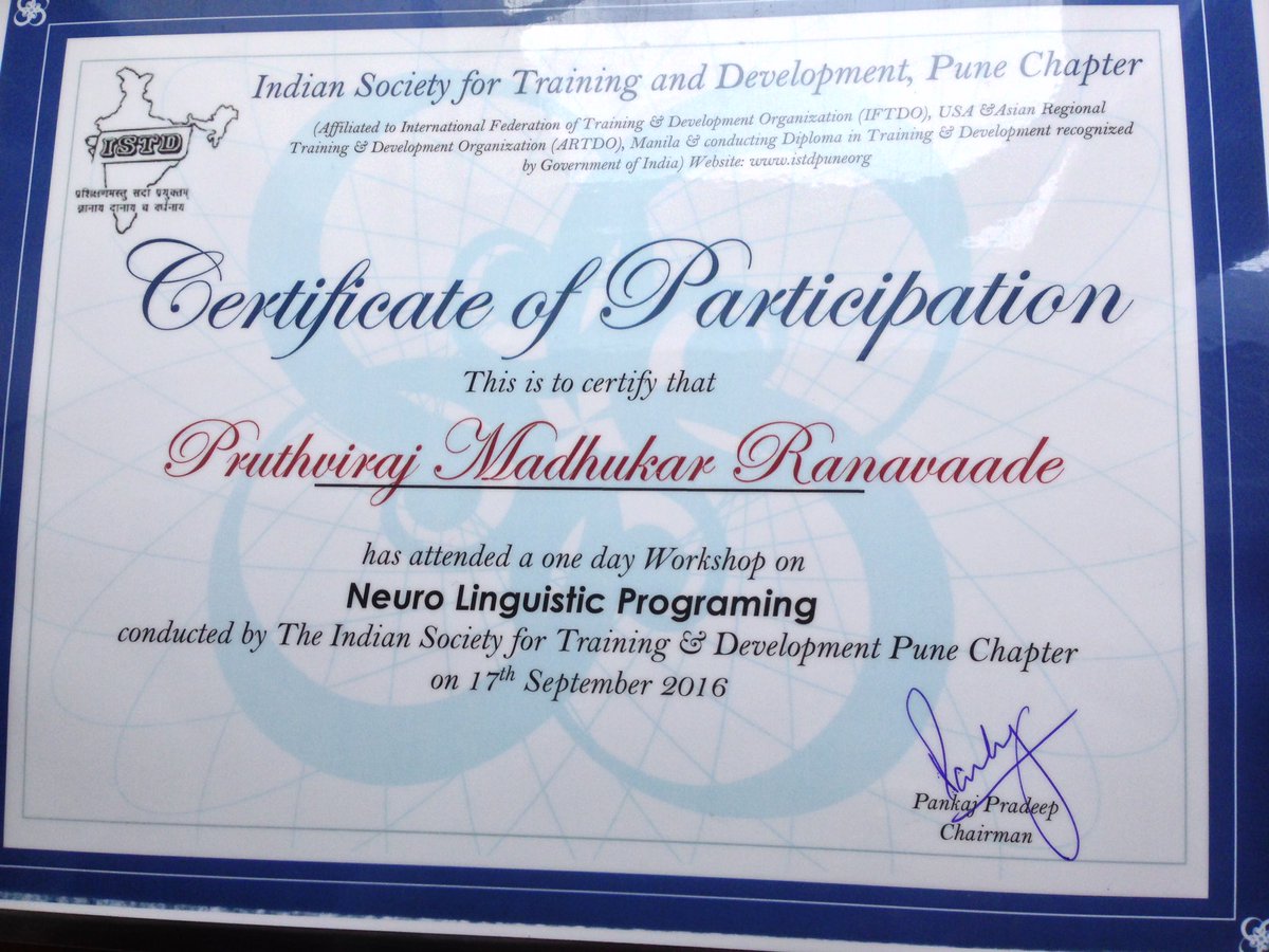 Pruthviraj_MR's tweet photo. Attended 1 day wrkshp condctd by @istdpunechapter ystrdy on #Neurolinguisticprograming #HumanResources #HR https://t.co/iHttrSuSal