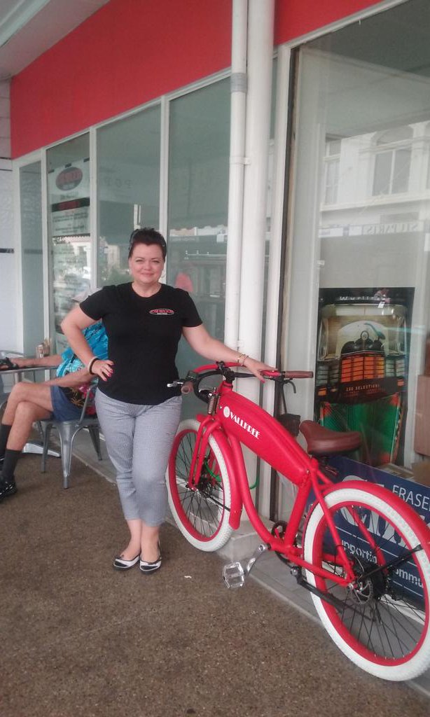 KMarshman78's tweet photo. Festival President Rachel Azzopardi with the Retro Racer electric bike raffle prize #rockinmaryborough #profcom https://t.co/hmYAY4krJI