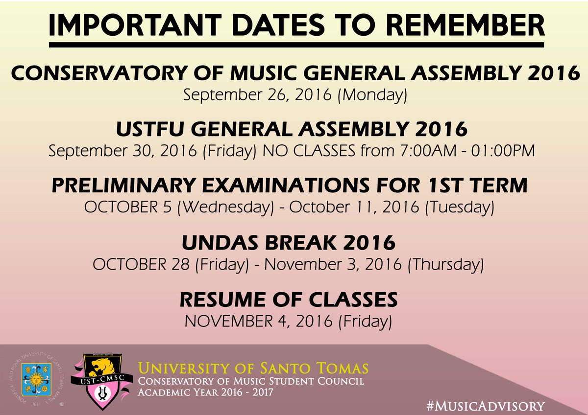 ustcmsc's tweet photo. Important dates to remember. Please be guided accordingly! #MusicAdvisory #USTCMSC https://t.co/BipmzYCC8a