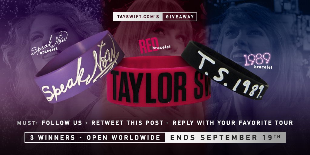 tayswiftdotcom's tweet photo. Tweet us your favorite TSwift tour for a chance to win a tour bracelet! The contest ends tonight at 11:59 PM EST! https://t.co/j4Nw8fTzrT