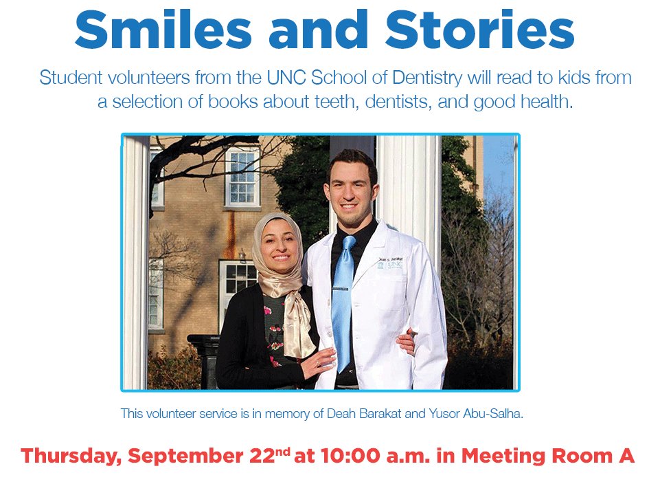 chpublib's tweet photo. Students from @UNCDentistry will be here Thursday morning to read to kids as part of #DeahDay. https://t.co/XPRwz7RgtZ