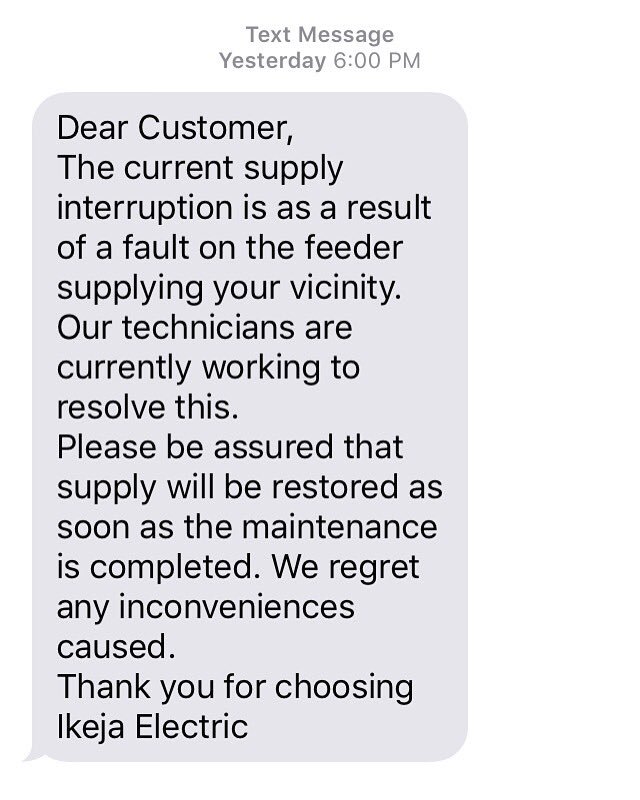 SPERIE_'s tweet photo. There has been uninterrupted power supply for 5 days..it finally went off ystday 😢.... i got an SMS from PHCN.. ☺️😳 https://t.co/Z59qSpX0yt