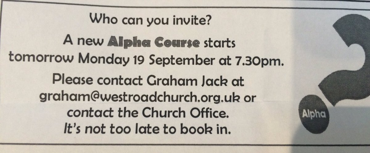 bridgeccuk's tweet photo. Alpha course starts tomorrow @westroadchurch #tryaplha https://t.co/n7fFeCmbGZ