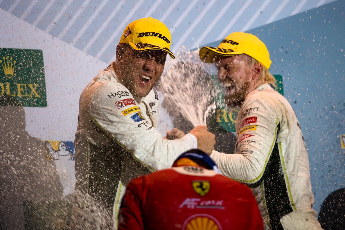 NickiThiim's tweet photo. What a race! What a team effort! WHAT A RESULT! <3 @Marco_sorensen <3 @YoungDriverAMR  <3  @AMR_Official <3 @FIAWEC https://t.co/sYChruNY7p