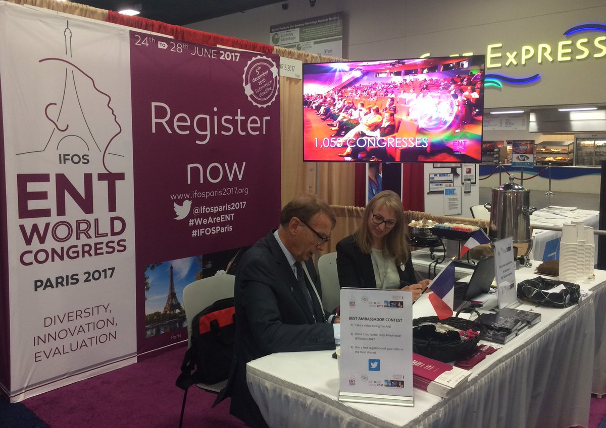 ENTWORLDIFOS's tweet photo. Pr.Chabolle &amp; @nina_shal are working on our booth 1149 at #otomtg16 Do not hesitate to visit us! @AAOHNS @Clq_Group https://t.co/DLXCfZxi3Z