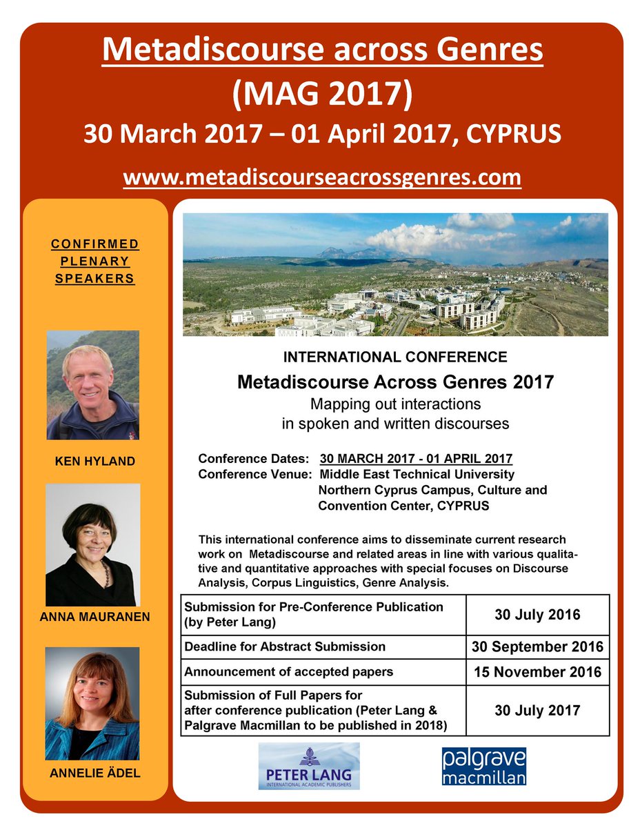 erdemakbas_dr's tweet photo. #Metadiscourse Across Genres,Cyprus 2017
Deadline:30 Sep
https://t.co/4pYlpKhgn5 https://t.co/cdDUIRAzsd
#aacl2016 https://t.co/XwOY6jfdqs