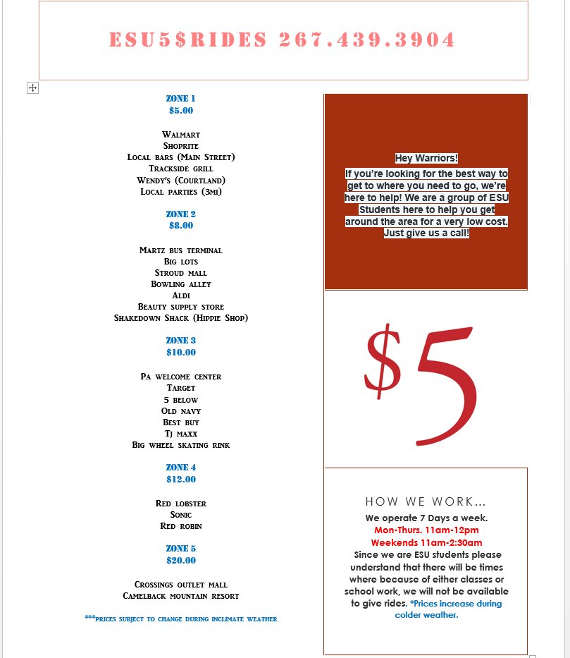 ESU5DollarRides's tweet photo. CHECK OUT OUR PRICES! https://t.co/ibUoECnb4B