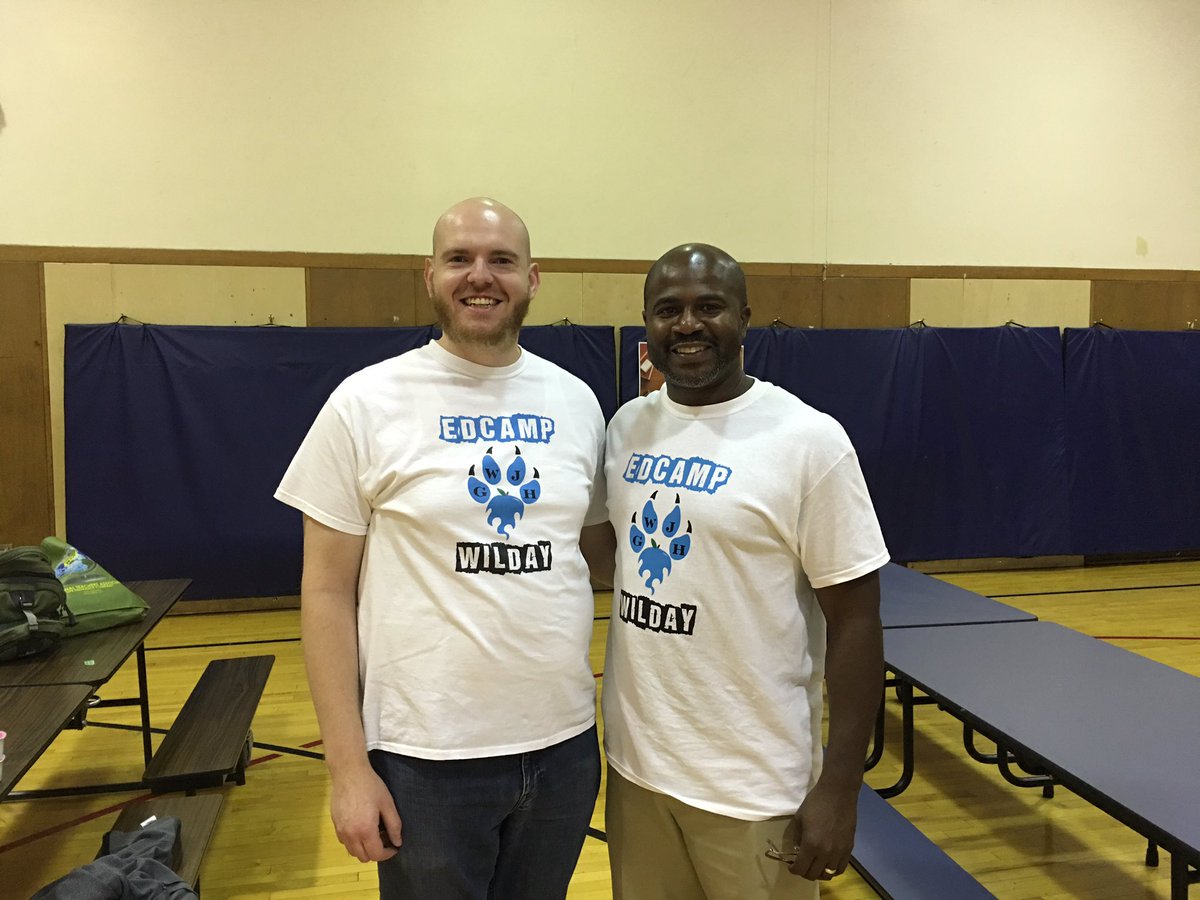 EdcampWilday's tweet photo. @chedge300, current @gracewilday T spending some time with former principal, @josuefalaise at #edcampgw https://t.co/4tbz4UyiCe