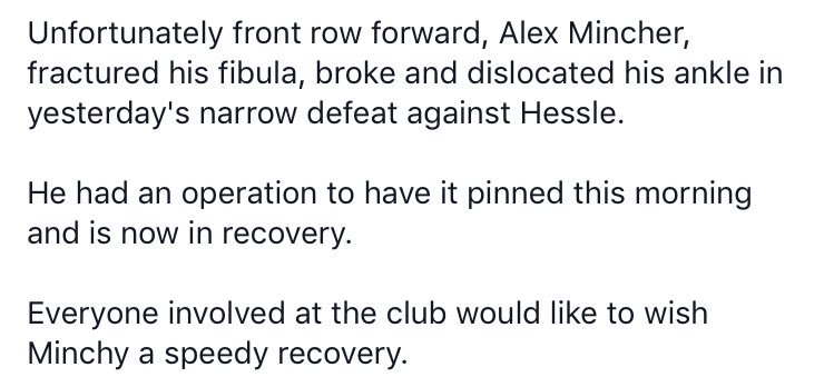 RothClifton's tweet photo. Prop, Alex Mincher, is recovering in hospital after yesterday's injury!

#GetWellSoon @HessleRugby @AlexMincher https://t.co/wlUwFOqkI4