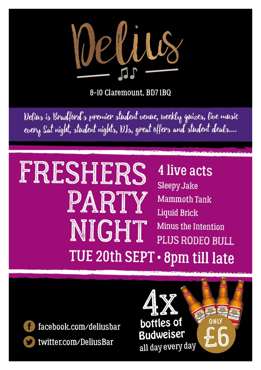 BradfordReview's tweet photo. All #BradfordFreshers don't miss @DeliusBar's freshers party this Tuesday! #WelcomeToBradford https://t.co/u9fEXGP6o2
