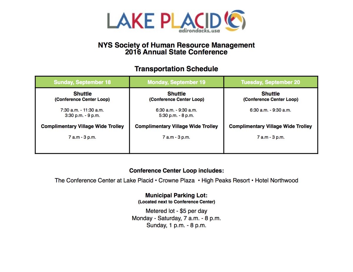 MeetMeinLP's tweet image. Attached is the complimentary transportation schedule for the #NYSSHRM16 conference.
