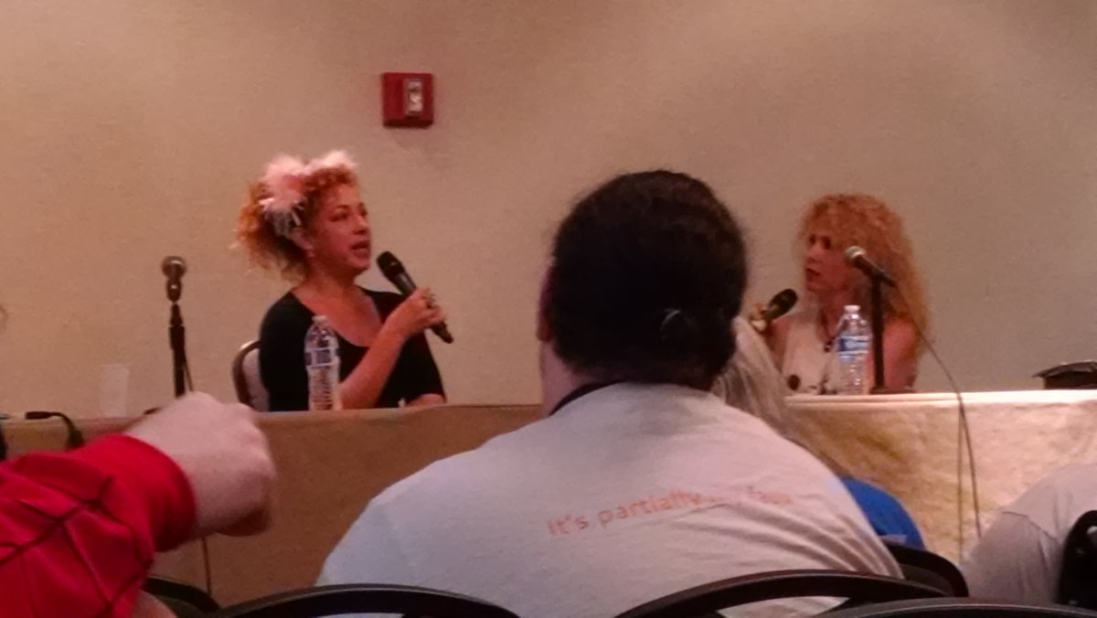 funkyartist's tweet photo. Alex Kingston (in pink ears) speaks about her days as River Song on #DoctorWho at #Interventioncon https://t.co/MAZloKQGXm