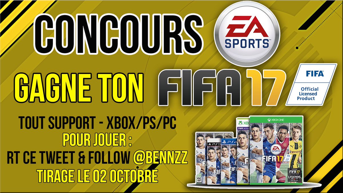 CONCOURS
Gagne ton #FIFA17 PC/Xbox/PS3/PS4
Pour participer : RT ce tweet &amp; follow moi !
Tirage le 02/10 :)