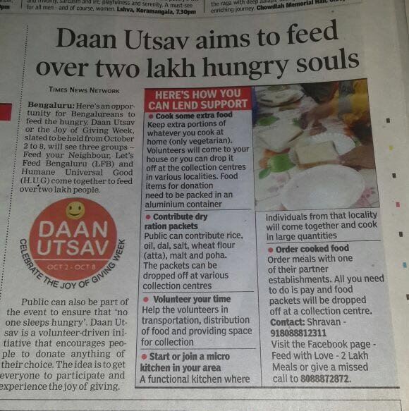 BangaloreHUG's tweet photo. DaanUtsav 2016, Oct 2nd to 8th. A massive drive to feed the needy in Bangalore city. #HUGFeedWithLove 
Please RT... https://t.co/0q11DE7ak6