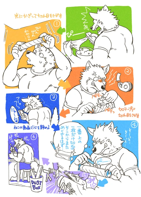 なんとなく落描きがしたくなってなんとなく狼男がラップを切るのに失敗して切り口を求め孤軍奮闘するイラストを描きました…なんだこれ 