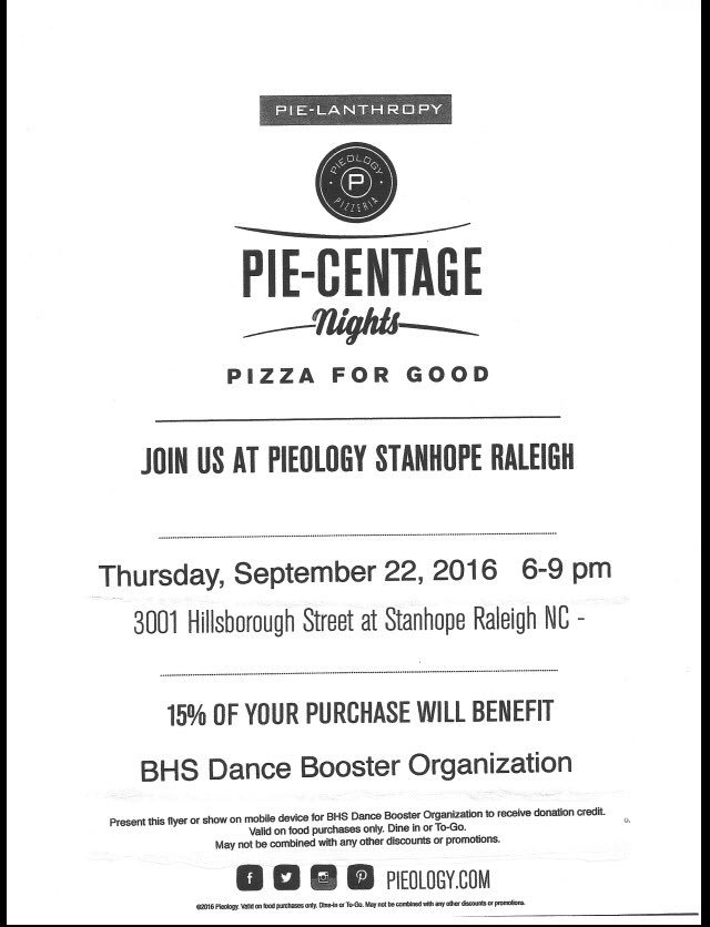 Come support BHS dance this Thursday at Pieology 6-9. Present this flyer and share with friends and family!!