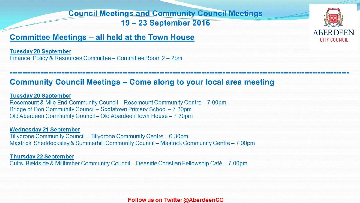 Community Council and Committee meetings for w/c 19 September. Members of public welcome to attend. #ACCdemocracy