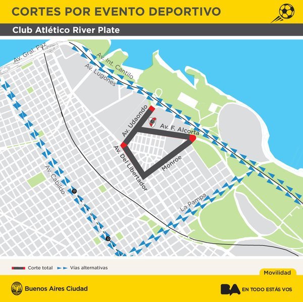 BAMovilidad's tweet photo. Recordamos: Inmediaciones al estadio River Plate, cerrado al #Transito por evento deportivo. Evitar zona. https://t.co/eGtO3LJr7F