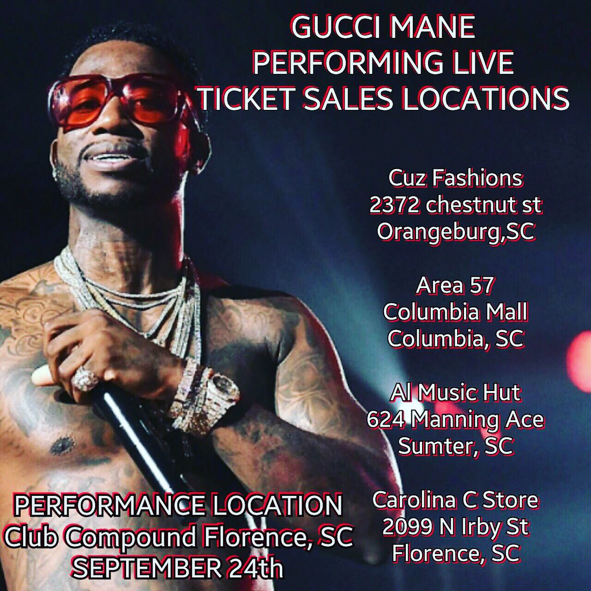 DJMRave's tweet photo. SOUTH CAROLINA! Do YOU Have Your Gucci Mane Ticket? Ticket Locations Listed Below. 💪🏾 https://t.co/EgainJM9jk