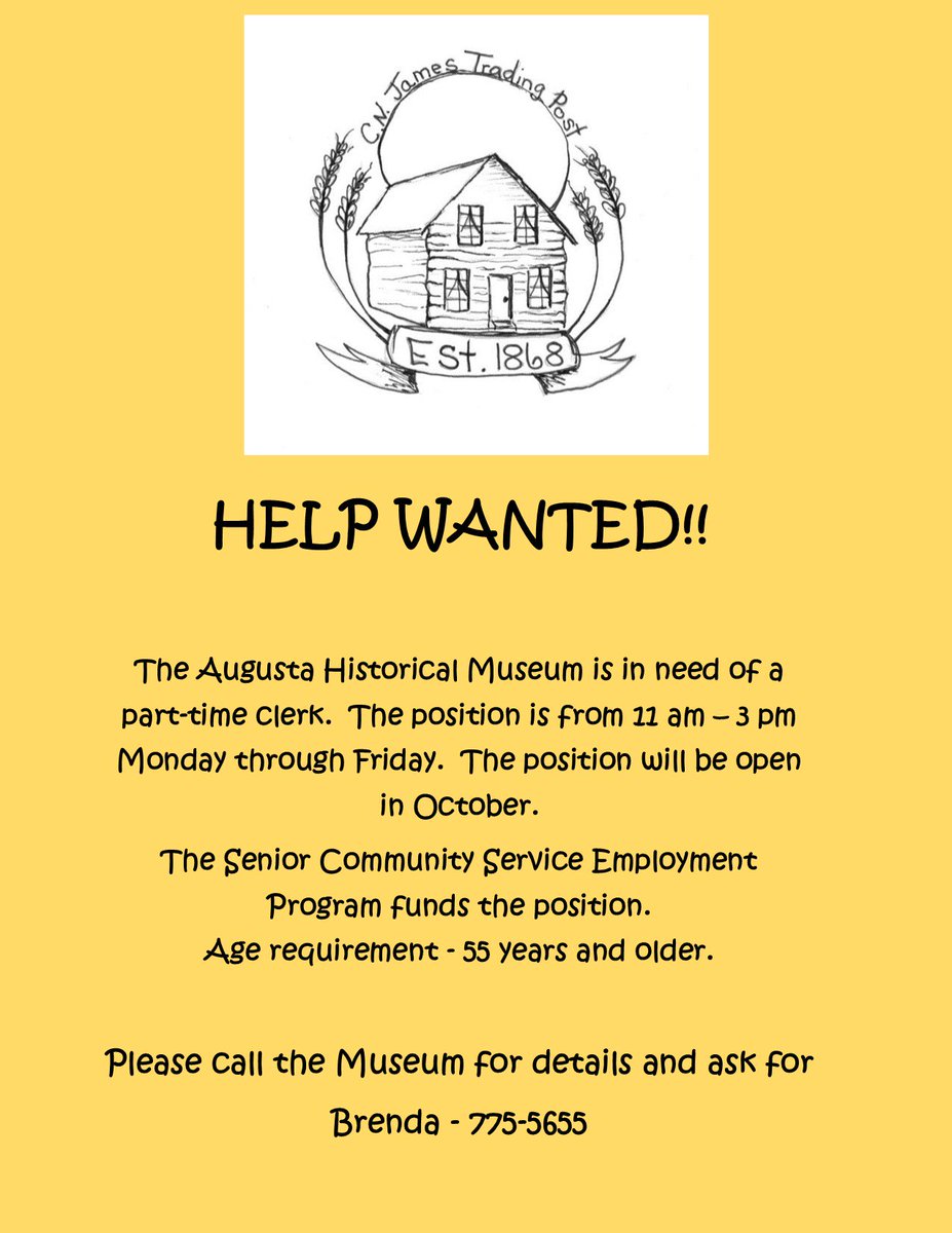 AugustaKSHistor's tweet photo. #Hiring #AugustaKS #AugustaHistoricalSociety #Seniors55andOlder https://t.co/V3kyaVoydN