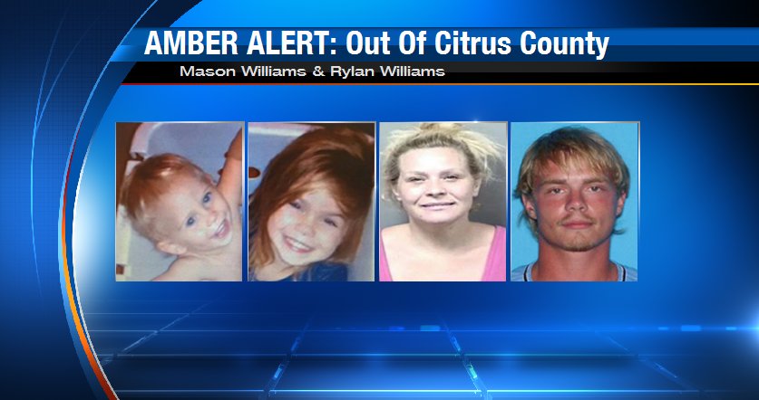 wjxt4's tweet image. AMBER ALERT: Issued for 1-year-old Mason Williams and 3-year-old Rylan Williams in the area of Citrus County, FL.